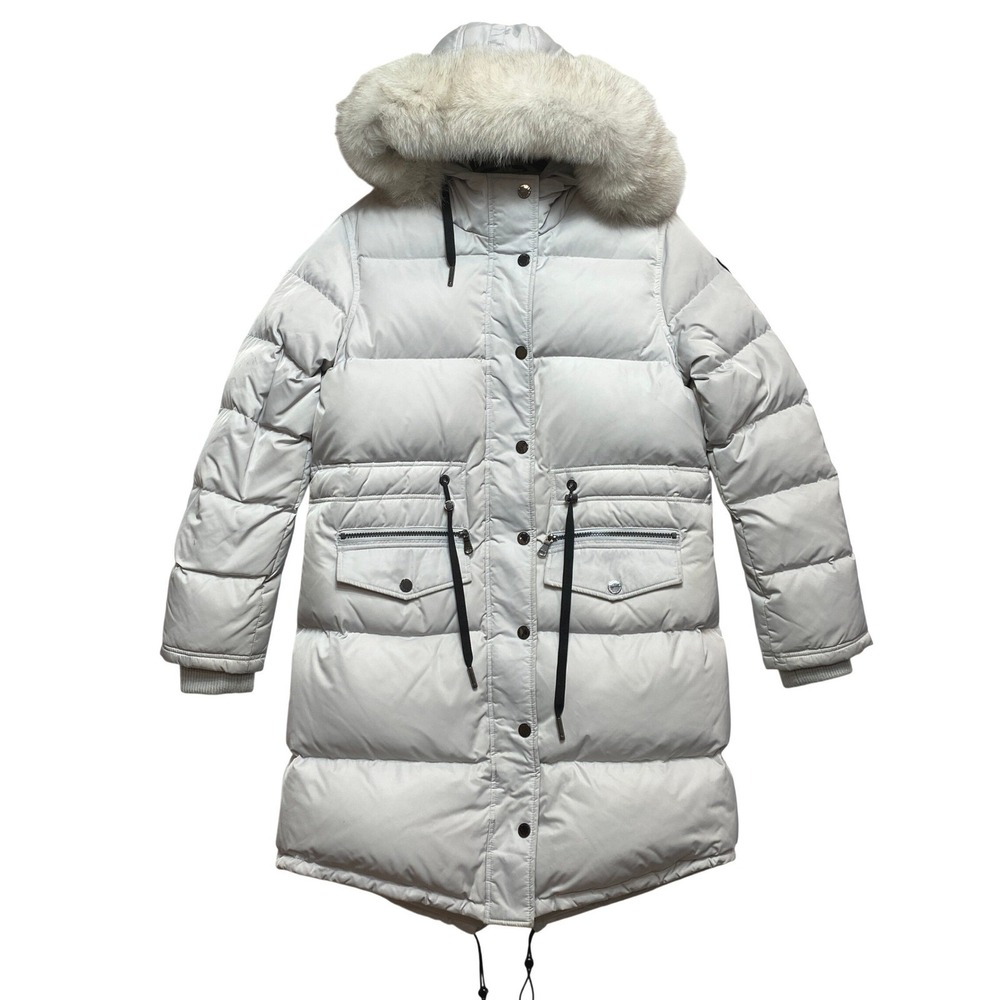 Pajar Puffer Parka Womens Large White Gray Hooded Fur Trim Longline Coat